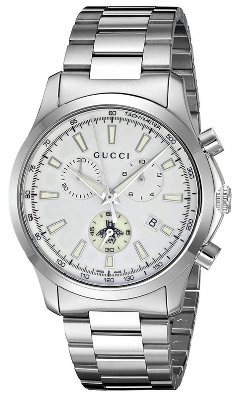 Gucci G Timeless Chronograph White Dial Silver Steel Strap Watch For Men - YA126472 Authentic Buy Shop Now
