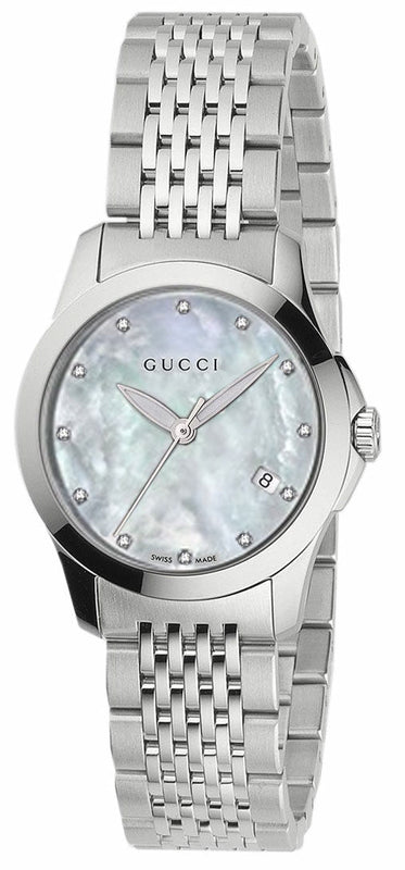 Gucci G Timeless Diamonds Mother of Pearl Dial Silver Steel Strap Watch For Women - YA126504 Authentic Buy Shop Now
