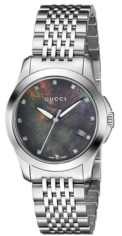 Gucci G Timeless Diamonds Mother of Pearl Black Dial Silver Steel Strap Watch For Women - YA126505 Authentic Buy Shop Now