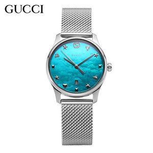 Gucci G-Timeless Turquoise Mother of Pearl Dial Silver Mesh Bracelet Watch For Women - YA126582 Authentic Buy Shop Now