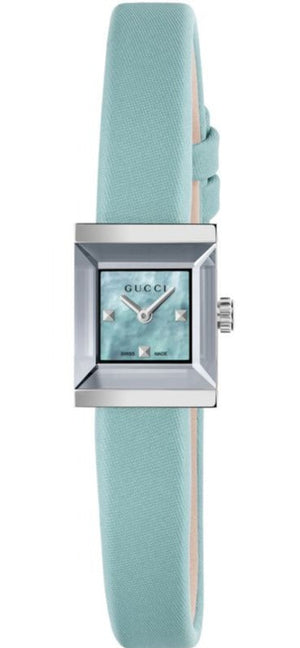 Gucci G-Frame Pastel Blue Mother of Pearl Dial Blue Leather Strap Watch For Women - YA128531 Authentic Buy Shop Now