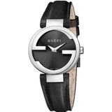 Gucci G Interlocking Black Dial Black Leather Strap Watch For Women - YA133501 Authentic Buy Shop Now