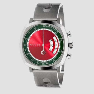 Gucci Grip Quartz Chronograph Red Dial Silver Steel Strap Watch For Men - YA157303 Authentic Buy Shop Now