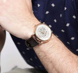 Emporio Armani Meccanico Silver Skeleton Dial Brown Leather Strap Watch For Men - AR1983 Authentic Buy Shop Now