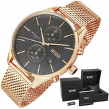 Hugo Boss Associate Black Dial Rose Gold Mesh Bracelet Watch for Men - 1513806 Authentic Buy Shop Now