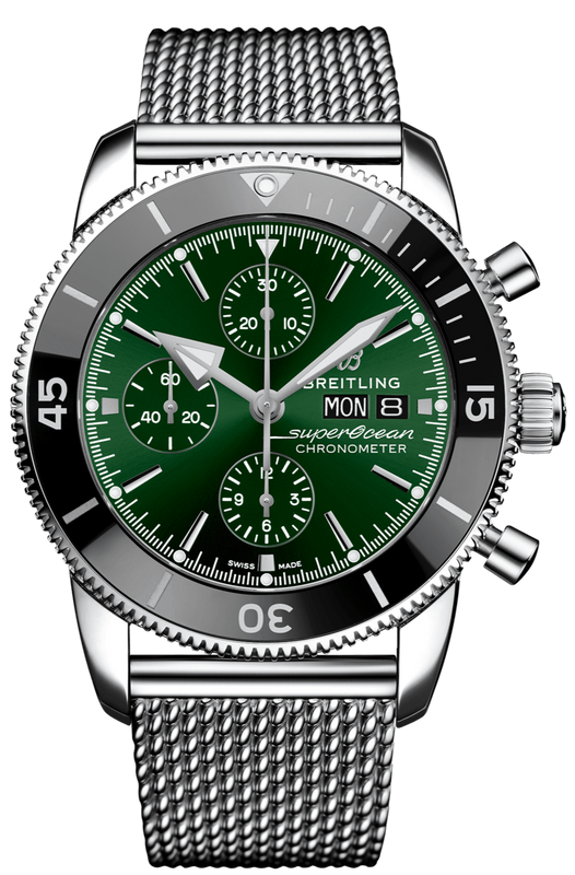Breitling Superocean Heritage Chronograph 44 Green Dial Silver Mesh Bracelet Watch for Men - A13313121L1A1 Authentic Buy Shop Now