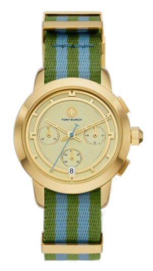 Tory Burch The Tory Chronograph White Dial Two Tone NATO Strap Watch for Women - TBW1037 Authentic Buy Shop Now