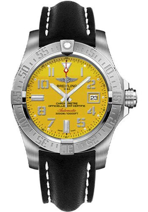 Breitling Avenger II Seawolf Yellow Dial Black Leather Strap 45mm Mens Watch - A1733110/I519/436X Authentic Buy Shop Now