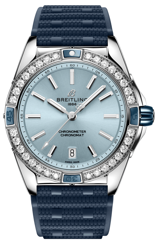 Breitling Super Chronomat Automatic 38 Diamonds Blue Dial Blue Rubber Strap Watch for Women - A17356531C1S1 Authentic Buy Shop Now