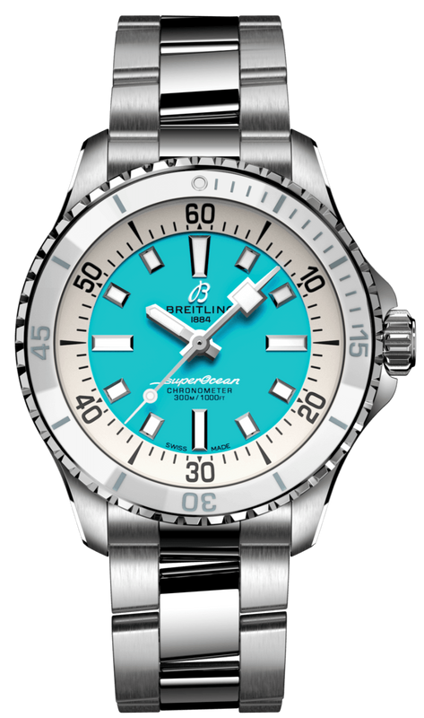 Breitling Superocean Automatic 36 Turquoise Dial Silver Steel Strap Watch for Men - A17377211C1A1 Authentic Buy Shop Now