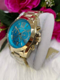 Michael Kors Bradshaw Chronograph Blue Dial Gold Steel Strap Watch For Women - MK5975 Authentic Buy Shop Now