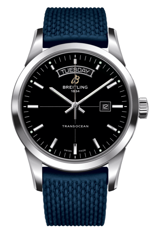 Breitling Transocean Day & Date 42mm Automatic Black Dial Blue Mesh Bracelet Mens Watch - A4531012/BB69/280S/ A20S.1 Authentic Buy Shop Now