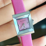 Gucci G-Frame Square Fuchsia Mother of Pearl Dial Fuchsia Leather Strap Watch For Women - YA128533 Authentic Buy Shop Now