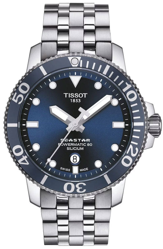 Tissot T Sport Seastar 1000 Powermatic Silicium Blue Dial Silver Steel Strap Watch For Men - T120.407.11.041.01 Authentic Buy Shop Now