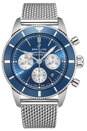 Breitling Superocean Heritage B01 Chronograph 44 Blue Dial Silver Mesh Bracelet Watch for Men - AB0162161C1A1 Authentic Buy Shop Now