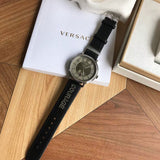 Versace V-Circle Black Manifesto Courage Quartz Silver Dial Black Leather Strap Watch for Men - VBQ080017 Authentic Buy Shop Now