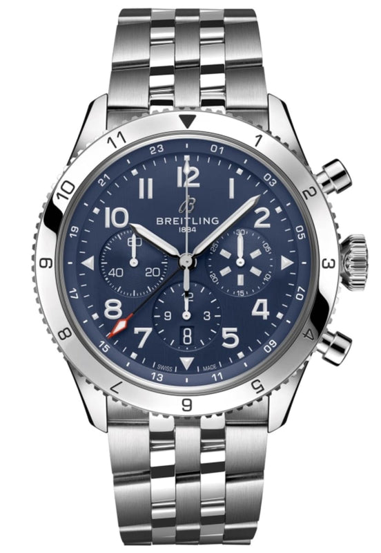 Breitling Super Avi B04 Chronograph GMT 46 Tribute to Vought F4U Corsair Blue Dial Silver Steel Strap Watch for Men - AB04451A1C1A1 Authentic Buy Shop Now