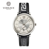 Versace V-Circle Black Manifesto Courage Quartz Silver Dial Black Leather Strap Watch for Men - VBQ080017 Authentic Buy Shop Now