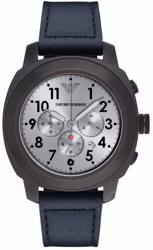 Emporio Armani Sportivo Chronograph Silver Dial Blue Leather Strap Watch for Men - AR6086 Authentic Buy Shop Now