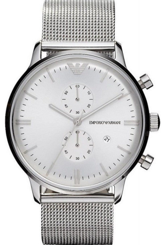 Emporio Armani Classic Chronograph Quartz Silver Dial Silver Mesh Bracelet Watch For Men - AR0390 Authentic Buy Shop Now