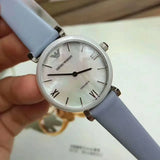 Emporio Armani Gianni T-Bar Mother Of Pearl White Dial Grey Leather Strap Watch For Women - AR11039 Authentic Buy Shop Now