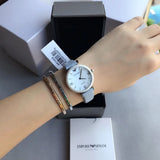 Emporio Armani Gianni T-Bar Mother Of Pearl White Dial Grey Leather Strap Watch For Women - AR11039 Authentic Buy Shop Now
