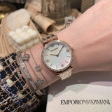 Emporio Armani Gianni T-Bar Mother of Pearl White Dial Two Tone Steel Watch for Women - AR11294 Authentic Buy Shop Now