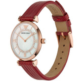 Emporio Armani Gianni T-Bar Analog Mother of Pearl Dial Red Leather Strap Watch For Women - AR11322 Authentic Buy Shop Now