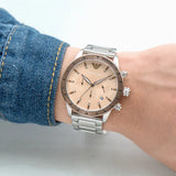 Emporio Armani Mario Chronograph Beige Dial Silver Steel Strap Watch For Men - AR11352 Authentic Buy Shop Now