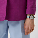 Emporio Armani Gianni T Bar Analog Crystals Silver Dial Blue Leather Strap Watch For Women - AR11443 Authentic Buy Shop Now