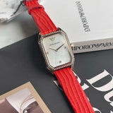 Emporio Armani Gianni T Bar Two-Hand Mother of Pearl Dial Red Leather Strap Watch For Women - AR11467 Authentic Buy Shop Now
