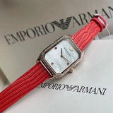 Emporio Armani Gianni T Bar Two-Hand Mother of Pearl Dial Red Leather Strap Watch For Women - AR11467 Authentic Buy Shop Now