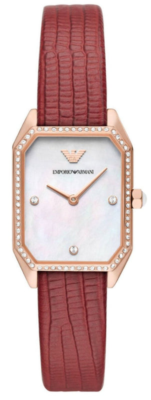 Emporio Armani Gianni T Bar Two-Hand Mother of Pearl Dial Red Leather Strap Watch For Women - AR11467 Authentic Buy Shop Now