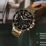 Emporio Armani World Explorer Solar Powered Chronograph Black Dial Two Tone Steel Strap Watch for Men - AR11680 Authentic Buy Shop Now