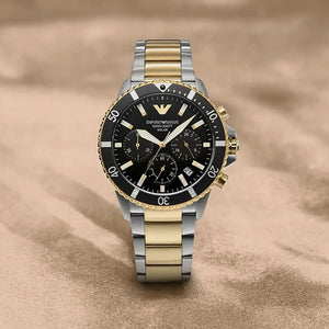 Emporio Armani World Explorer Solar Powered Chronograph Black Dial Two Tone Steel Strap Watch for Men - AR11680 Authentic Buy Shop Now