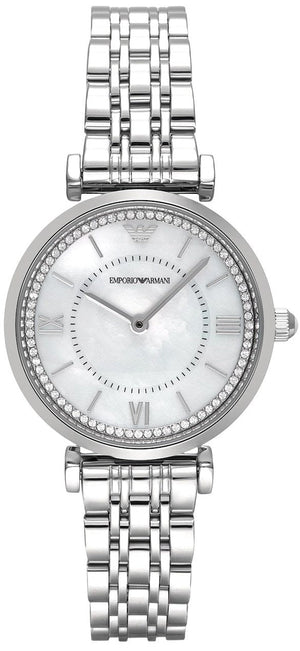 Emporio Armani Gianni T-Bar Mother of Pearl Dial Silver Steel Strap Watch for Women - AR11701 Authentic Buy Shop Now