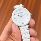 Emporio Armani Giannti T Bar Quartz Mother of Pearl Dial White Steel Strap Watch For Women - AR1485 Authentic Buy Shop Now