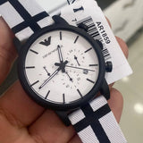 Emporio Armani Luigi Large Chronograph White Dial Two Tone Fabric Strap Watch for Men- AR1859 Authentic Buy Shop Now