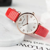 Emporio Armani Gianni T Bar Silver Dial Red Leather Strap Watch For Women - AR1876 Authentic Buy Shop Now