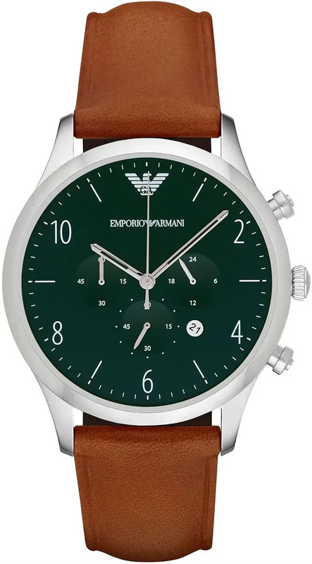 Emporio Armani Beta Chronograph Green Dial Brown Leather Strap Watch for Men - AR1941 Authentic Buy Shop Now