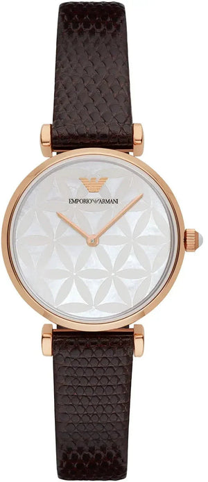 Emporio Armani Gianni T-Bar Silver Dial Brown Leather Strap Watch for Women - AR1990 Authentic Buy Shop Now
