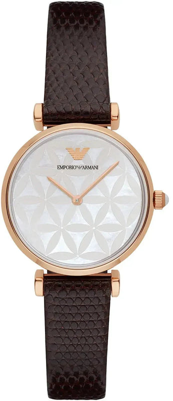 Emporio Armani Gianni T-Bar Silver Dial Brown Leather Strap Watch for Women - AR1990 Authentic Buy Shop Now