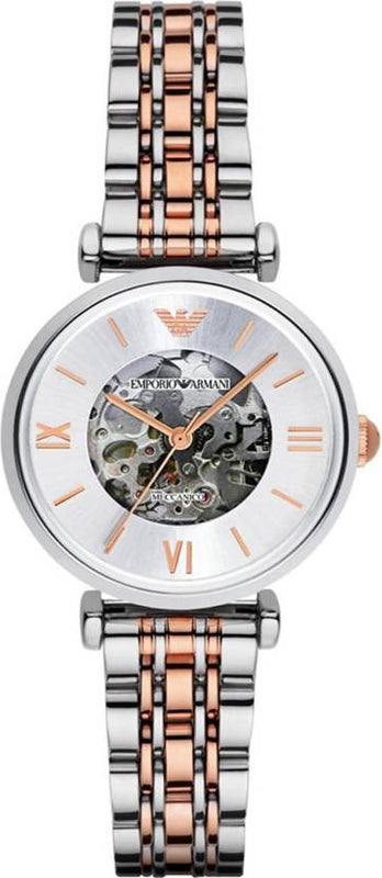 Emporio Armani Gianni T Bar Silver Skeleton Dial Two Tone Strap Watch For Women - AR1992 Authentic Buy Shop Now