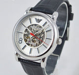 Emporio Armani Meccanico Silver Skeleton Dial Black Leather Watch For Men - AR1997 Authentic Buy Shop Now