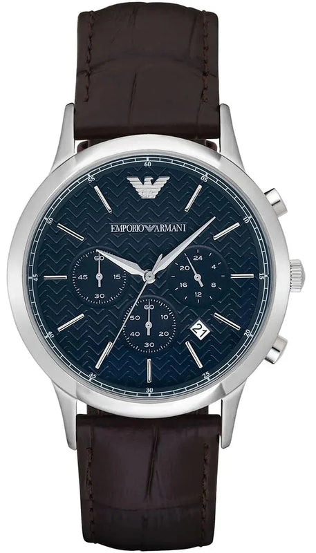 Emporio Armani Renato Chronograph Blue Dial Black Leather Strap Watch for Men - AR2494 Authentic Buy Shop Now