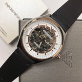 Emporio Armani Zeta Skeleton Automatic Silver Dial Black Leather Strap Watch For Men - AR60018 Authentic Buy Shop Now