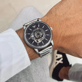 Emporio Armani Meccanico Automatic Skeleton Black Dial Silver Steel Strap Watch For Men - AR60021 Authentic Buy Shop Now
