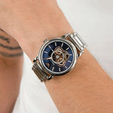 Emporio Armani Luigi Chronograph Skeleton Blue Dial Silver Steel Strap Watch For Men - AR60036 Authentic Buy Shop Now