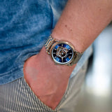 Emporio Armani Luigi Chronograph Skeleton Blue Dial Silver Steel Strap Watch For Men - AR60036 Authentic Buy Shop Now