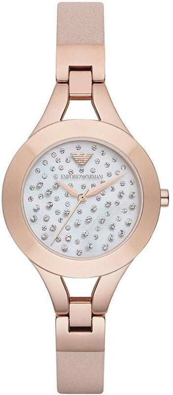Emporio Armani Chiara Quartz Crystals White Dial Rose Gold Leather Strap Watch For Women - AR7437 Authentic Buy Shop Now